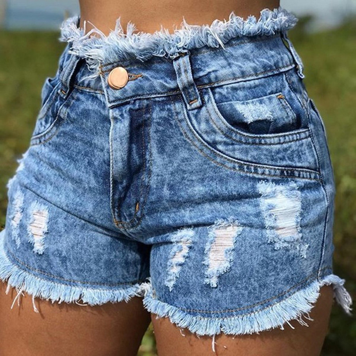 SZ60211-2 High Waist Broken Holes Chic Denim Shorts